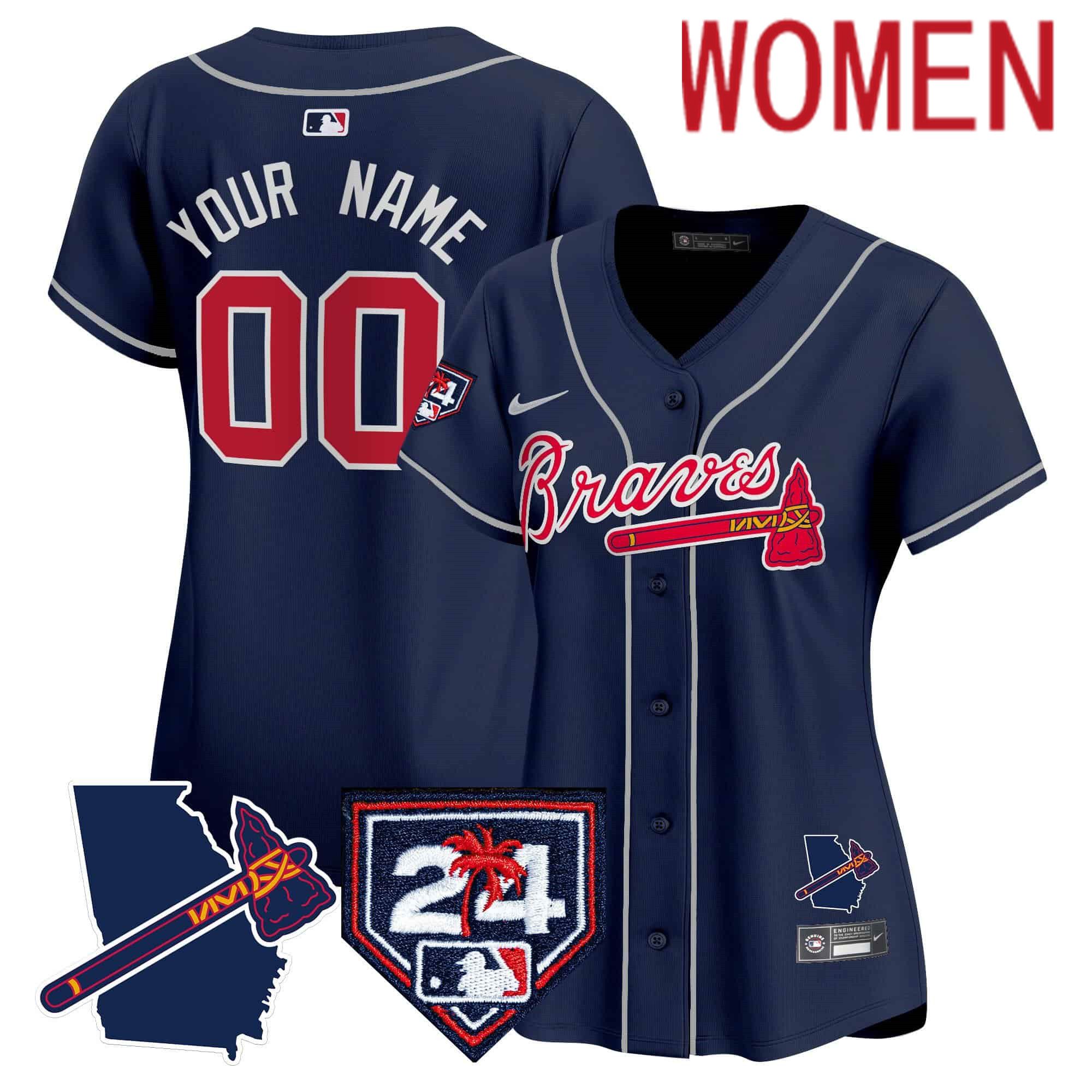 Women Atlanta Braves Blue Nike 2024 Spring Training & Georgia Patch Vapor Premier Elite Custom MLB Jersey